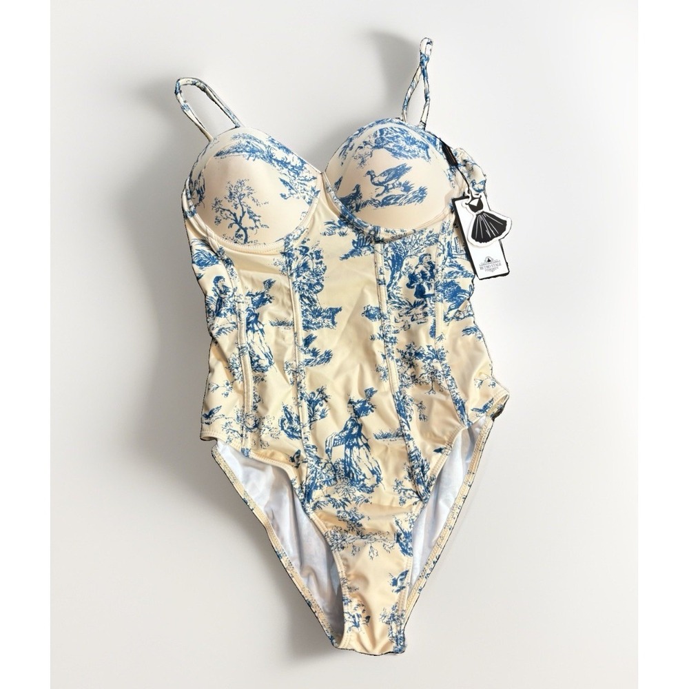 Retrostage One Piece Swimsuit White & Blue Toile Print Bustier Womens L Underwir